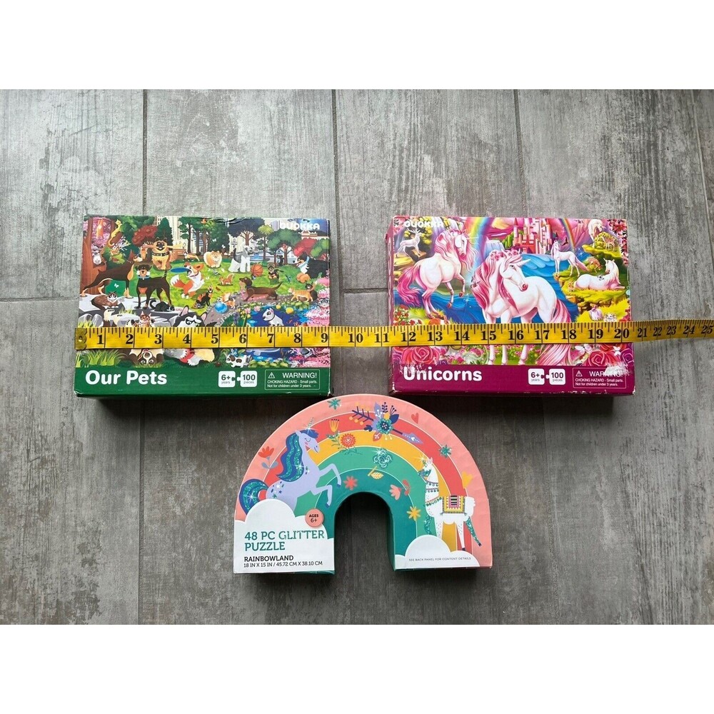 Set Lot of 3 Kids 6+ Years Puzzles Unicorns Pets Glitter Rainbow Cute Fun Learn